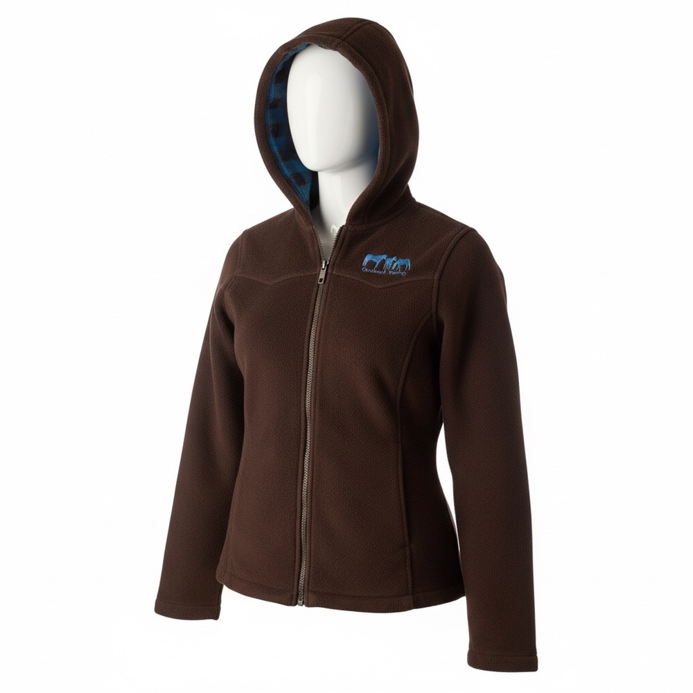 Outback Trading Chocolate Brown Fleece Hoodie Turquoise Plaid Flannel Lined